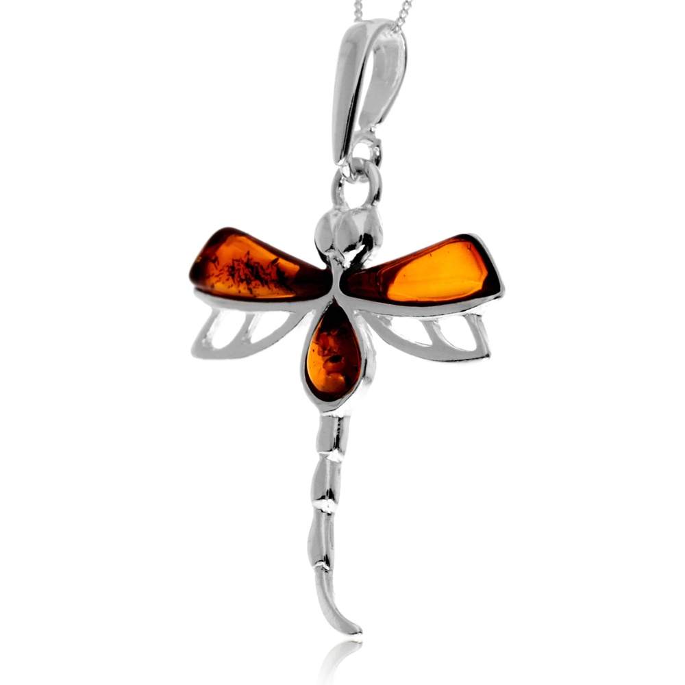 925 Steling Silver & Genuine Baltic Amber Dragonfly Pendant - GL2049