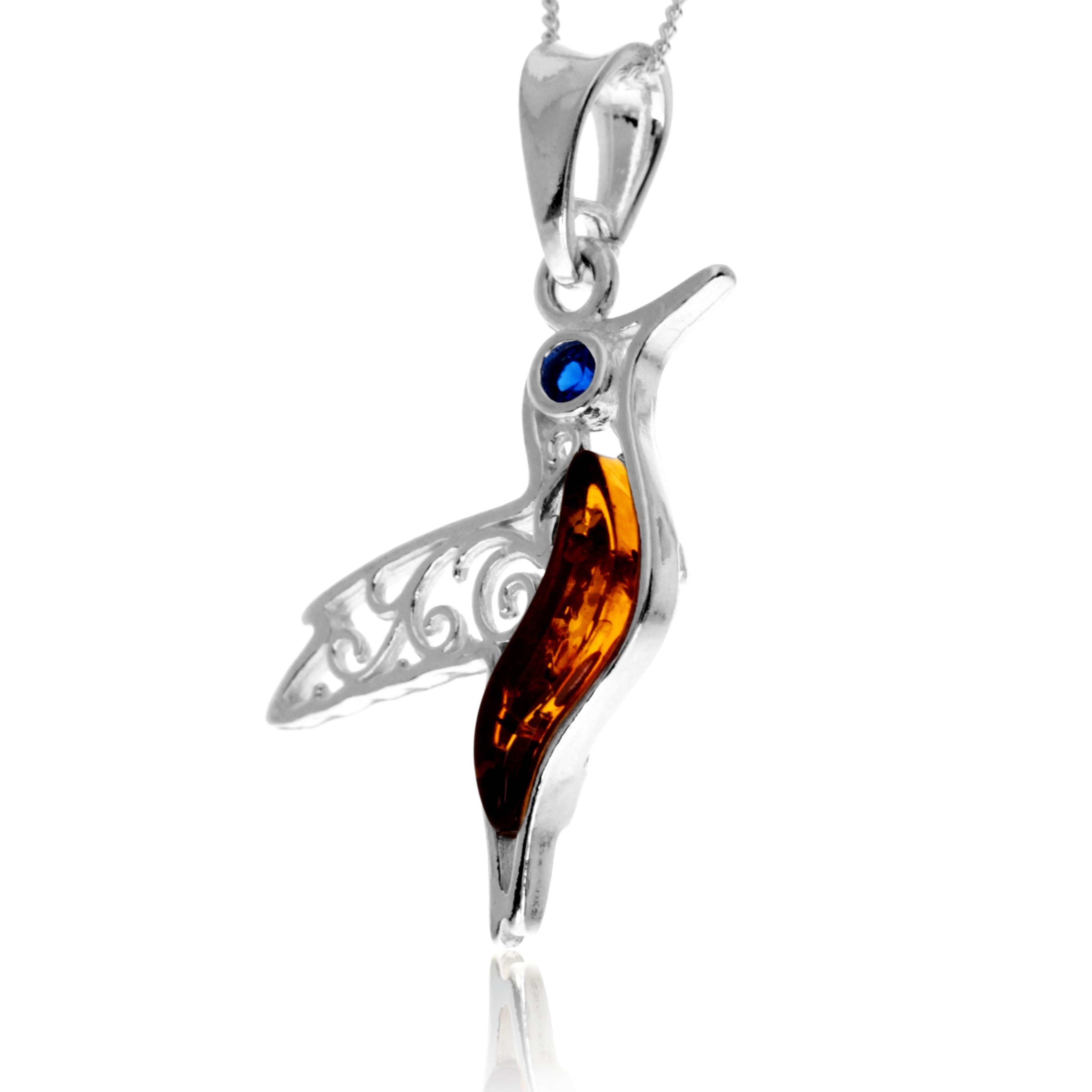 925 Steling Silver & Genuine Baltic Amber Humming Bird Pendant - GL2050