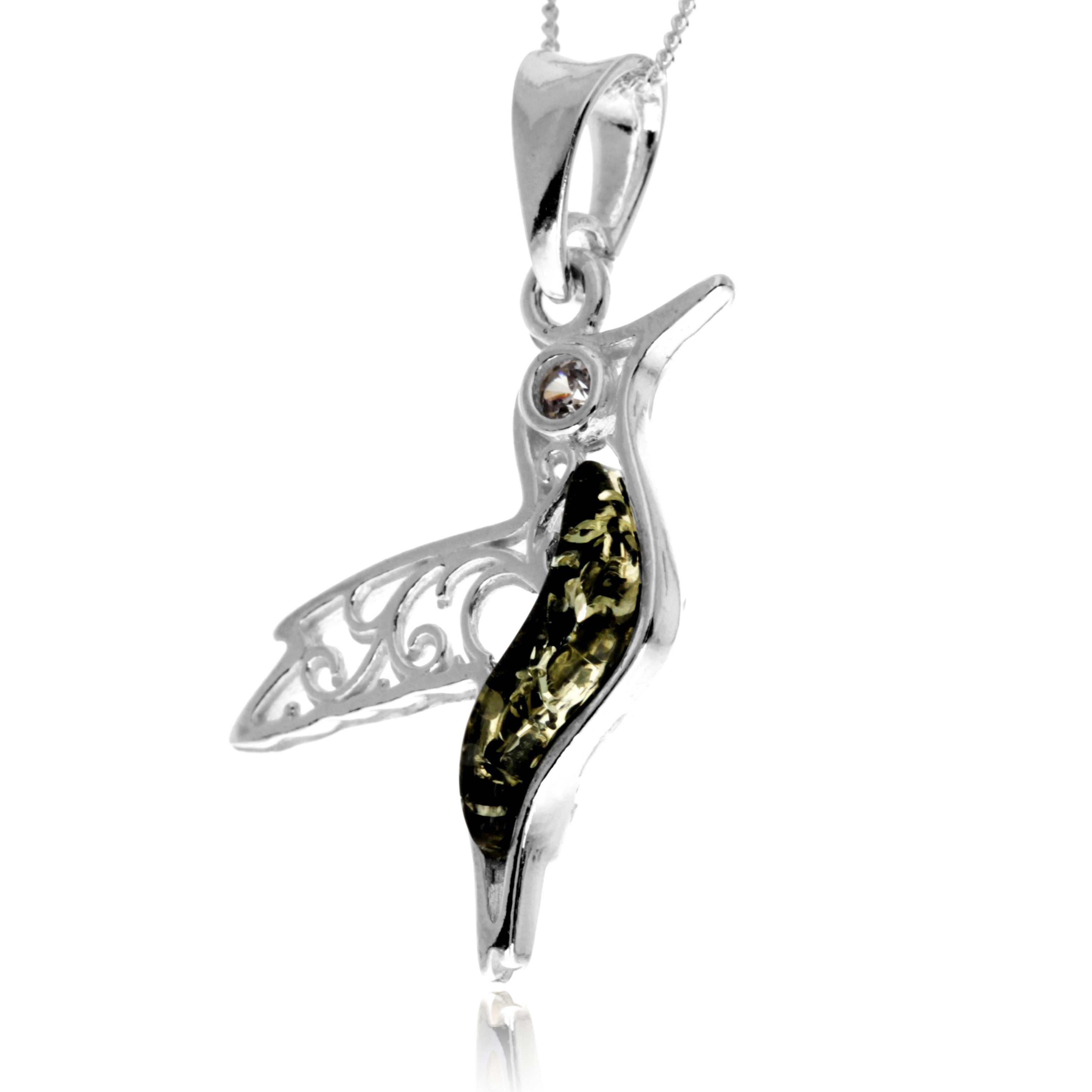 925 Steling Silver & Genuine Baltic Amber Humming Bird Pendant - GL2050