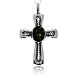 925 Steling Silver & Genuine Baltic Amber Celtic Cross Pendant - GL2051