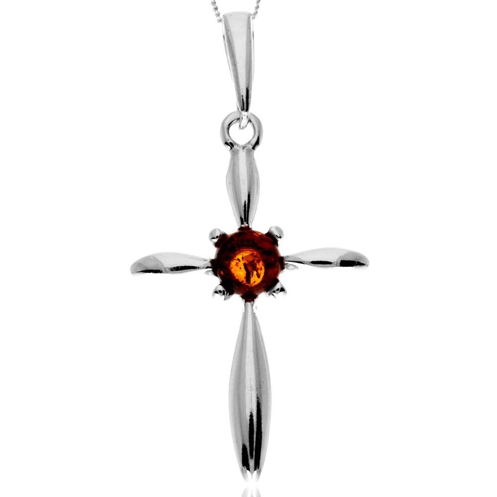 925 Steling Silver & Genuine Baltic Amber Modern Cross Pendant - GL2052