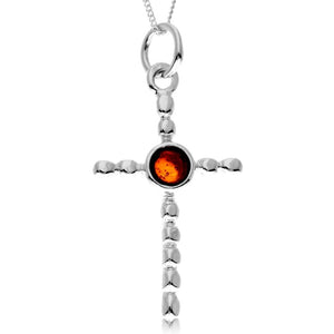 925 Steling Silver & Genuine Baltic Amber Modern Cross Pendant - GL2053