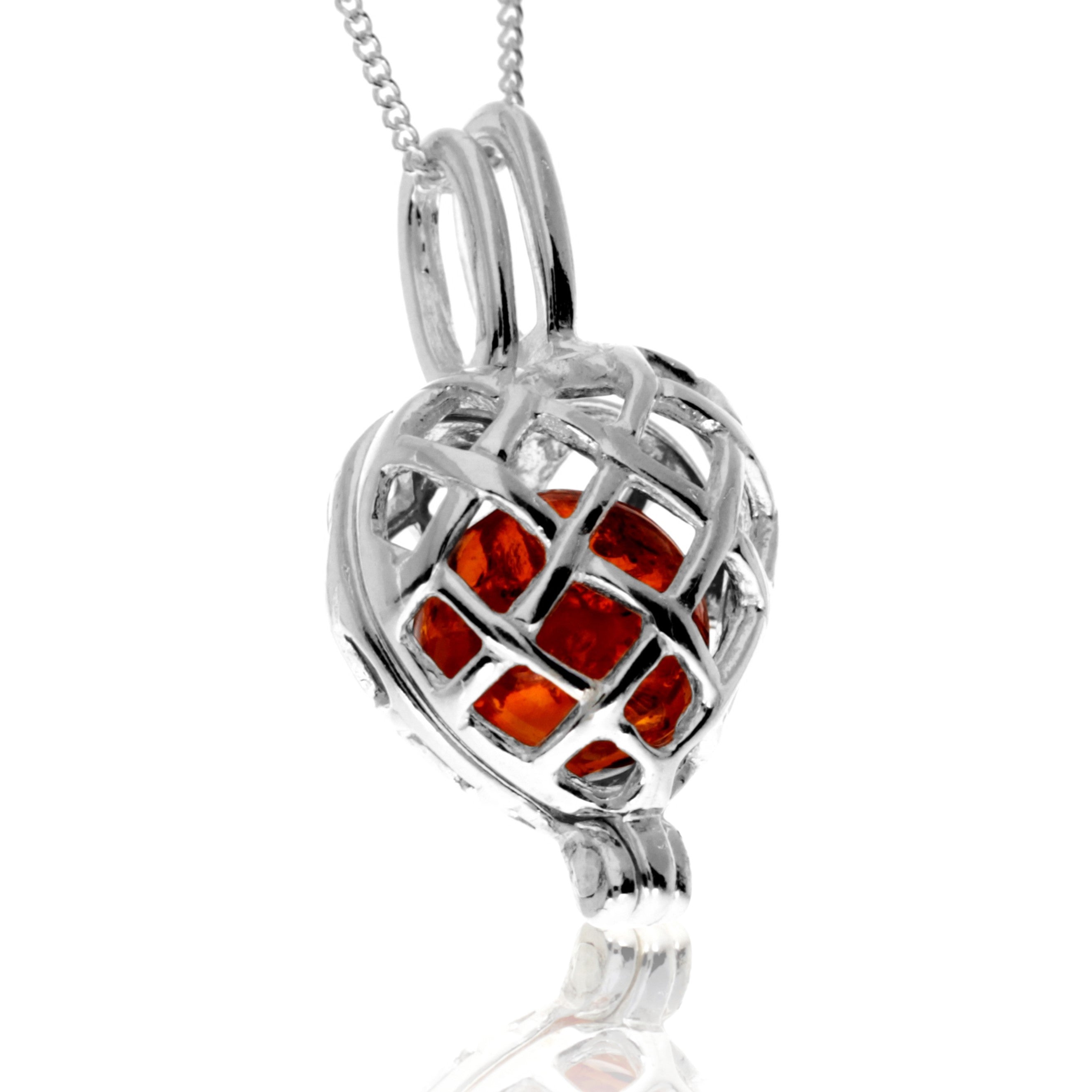 925 Steling Silver & Genuine Baltic Amber Locked in the Heart Amber Ball Pendant - GL2055