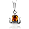 925 Steling Silver & Genuine Baltic Amber Viking Ship Pendant - GL2056