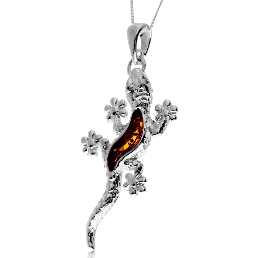 925 Steling Silver & Genuine Baltic Amber Lizzard Pendant - GL2058