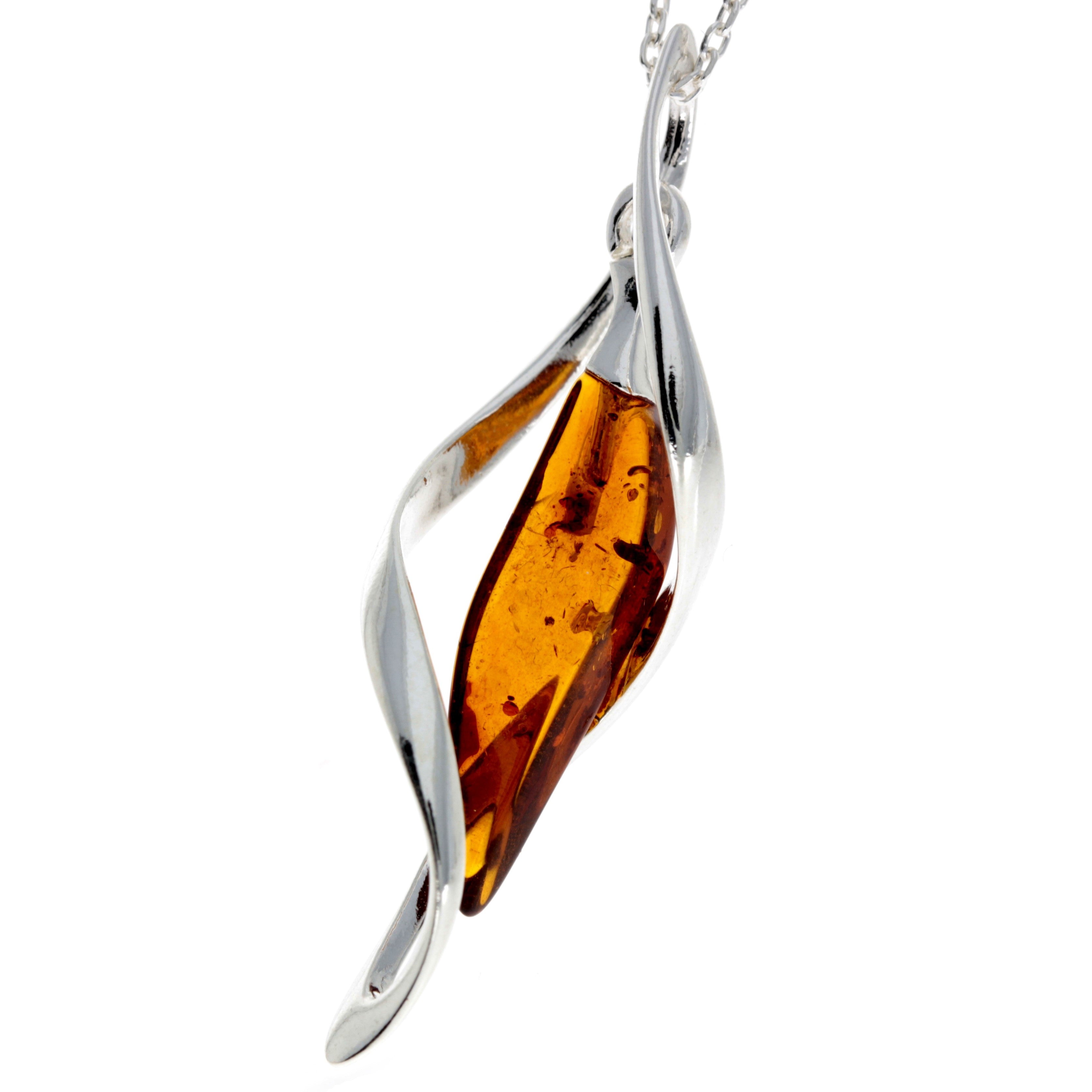 925 Sterling Silver & Genuine Baltic Amber Modern Pendant - GL220