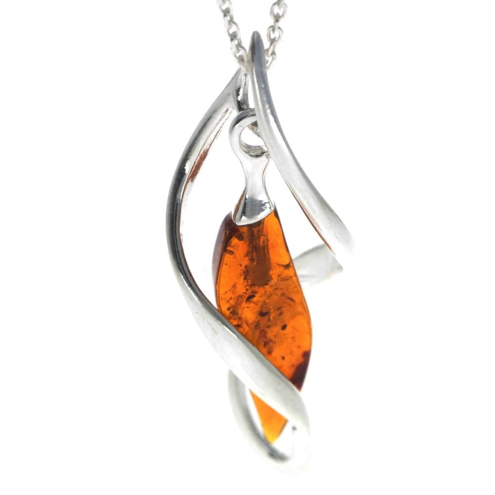 925 Sterling Silver & Genuine Baltic Amber Modern Pendant - GL220