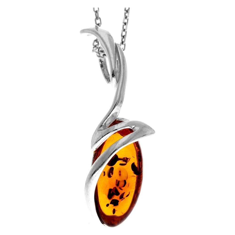 925 Sterling Silver & Genuine Baltic Amber Modern Oval Pendant - GL226