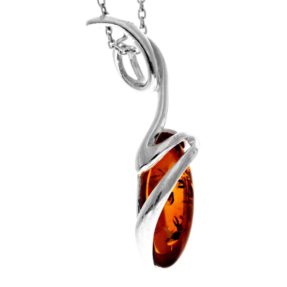 925 Sterling Silver & Genuine Baltic Amber Modern Oval Pendant - GL226