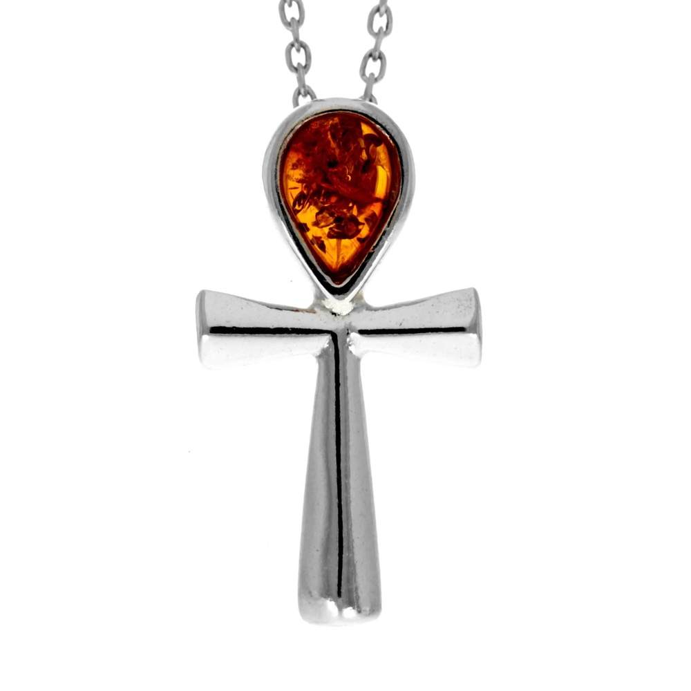 925 Sterling Silver & Genuine Baltic Amber Classic Teardrop Cross Pendant - GL233