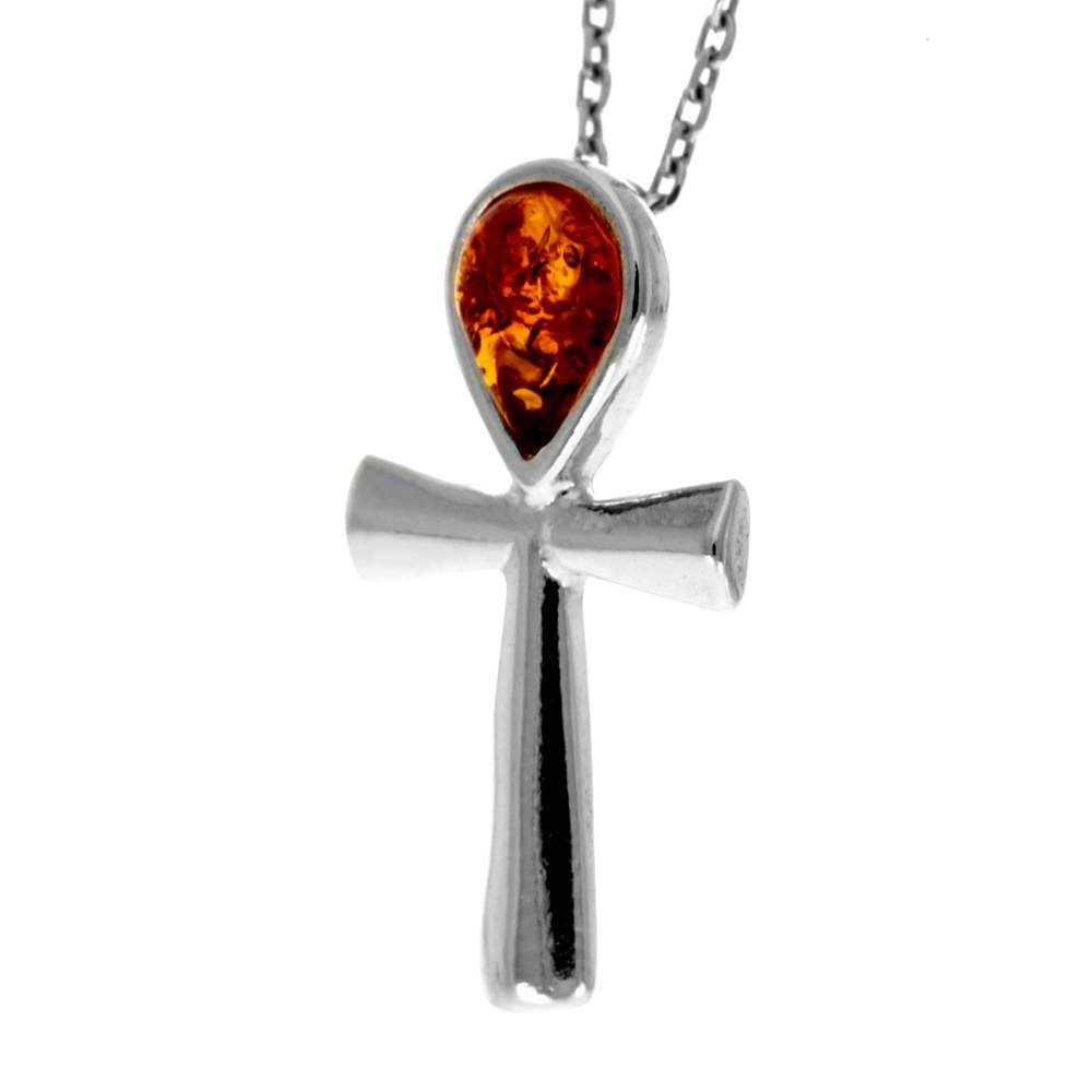 925 Sterling Silver & Genuine Baltic Amber Classic Teardrop Cross Pendant - GL233