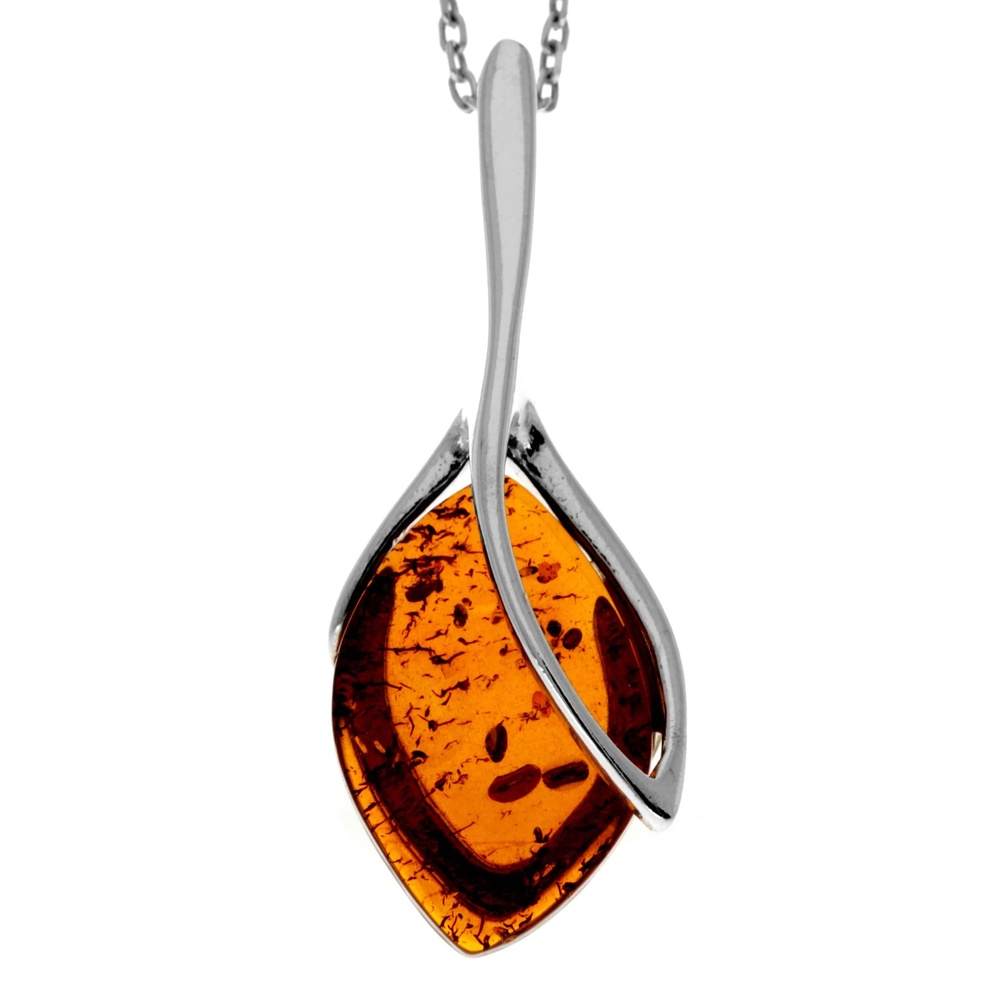 925 Sterling Silver & Genuine Baltic Amber Classic Teardrop Modern Pendant - GL282