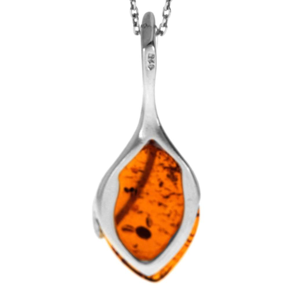 925 Sterling Silver & Genuine Baltic Amber Classic Teardrop Modern Pendant - GL282