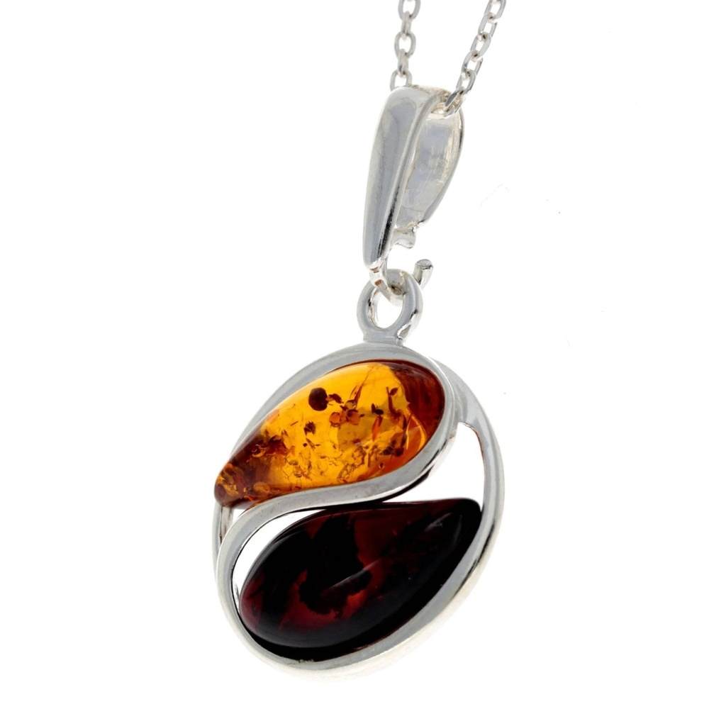 925 Sterling Silver & Genuine Baltic Amber Yin Yang Powerful Pendant - GL297A