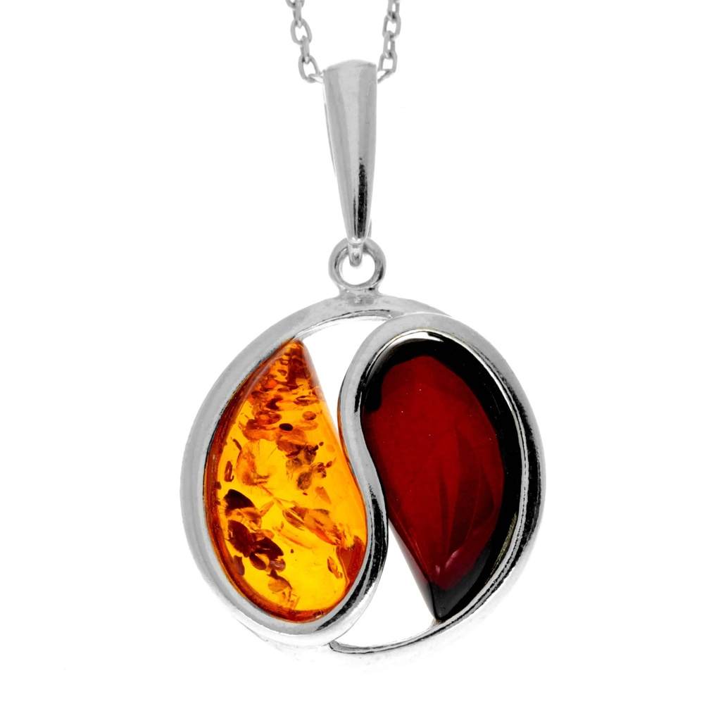 925 Sterling Silver & Genuine Baltic Amber Yin Yang Powerful Pendant - GL297A