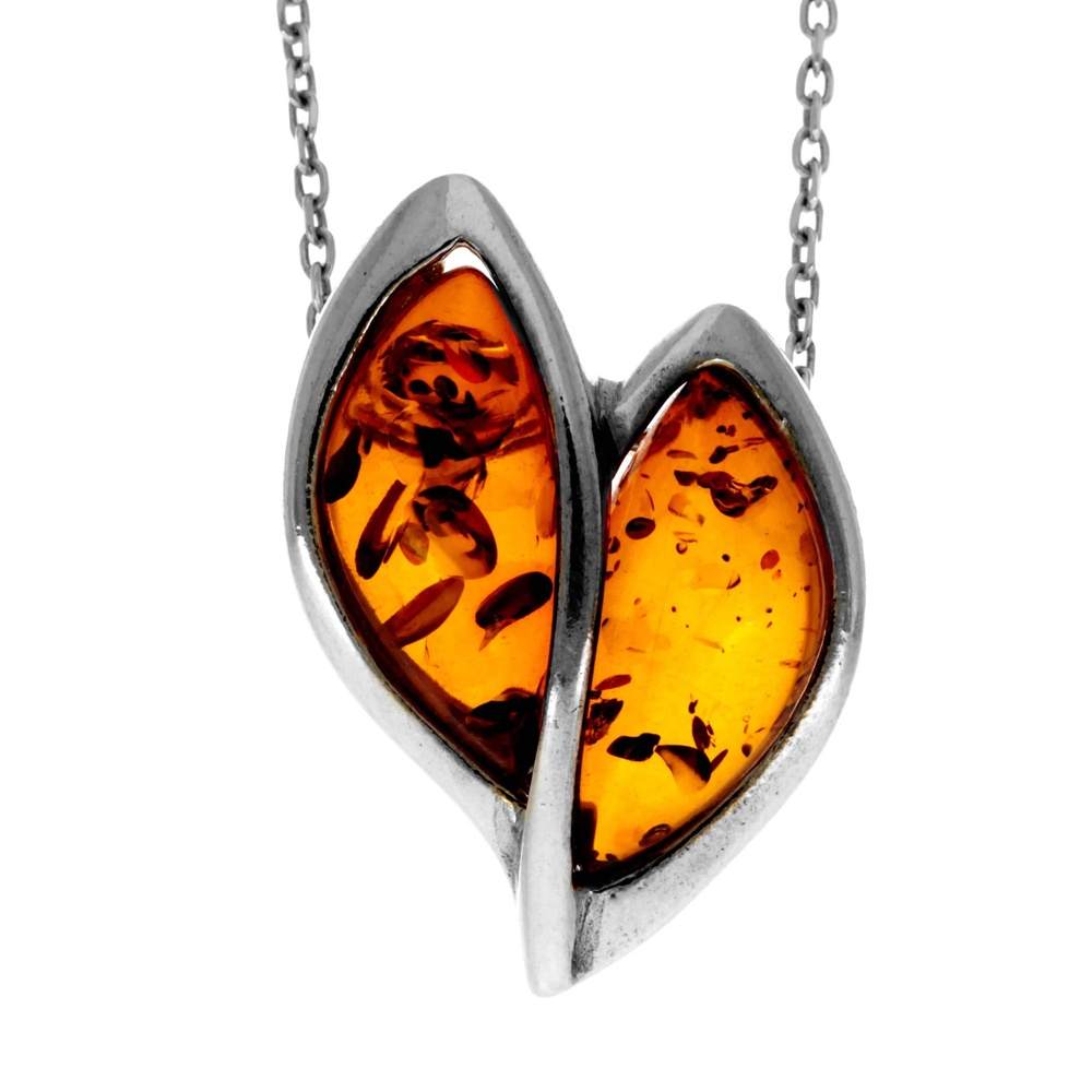 925 Sterling Silver & Genuine Baltic Amber Modern  Heart  Pendant  GL310