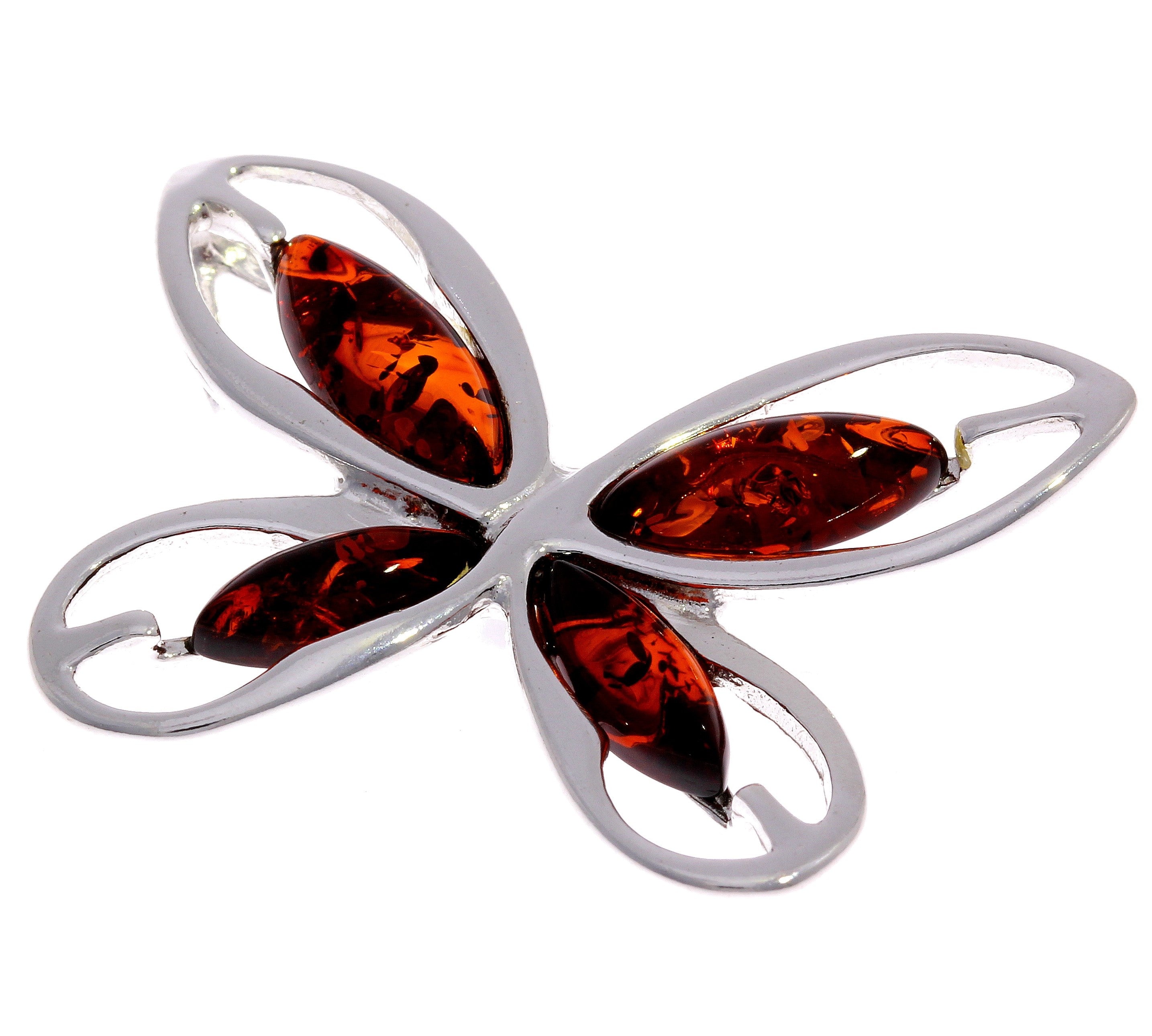 925 Sterling Silver & Genuine Baltic Amber Modern Butterfly Pendant - GL316
