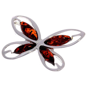 925 Sterling Silver & Genuine Baltic Amber Modern Butterfly Pendant - GL316