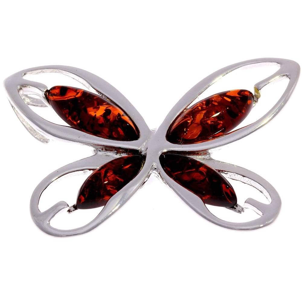 925 Sterling Silver & Genuine Baltic Amber Modern Butterfly Pendant - GL316