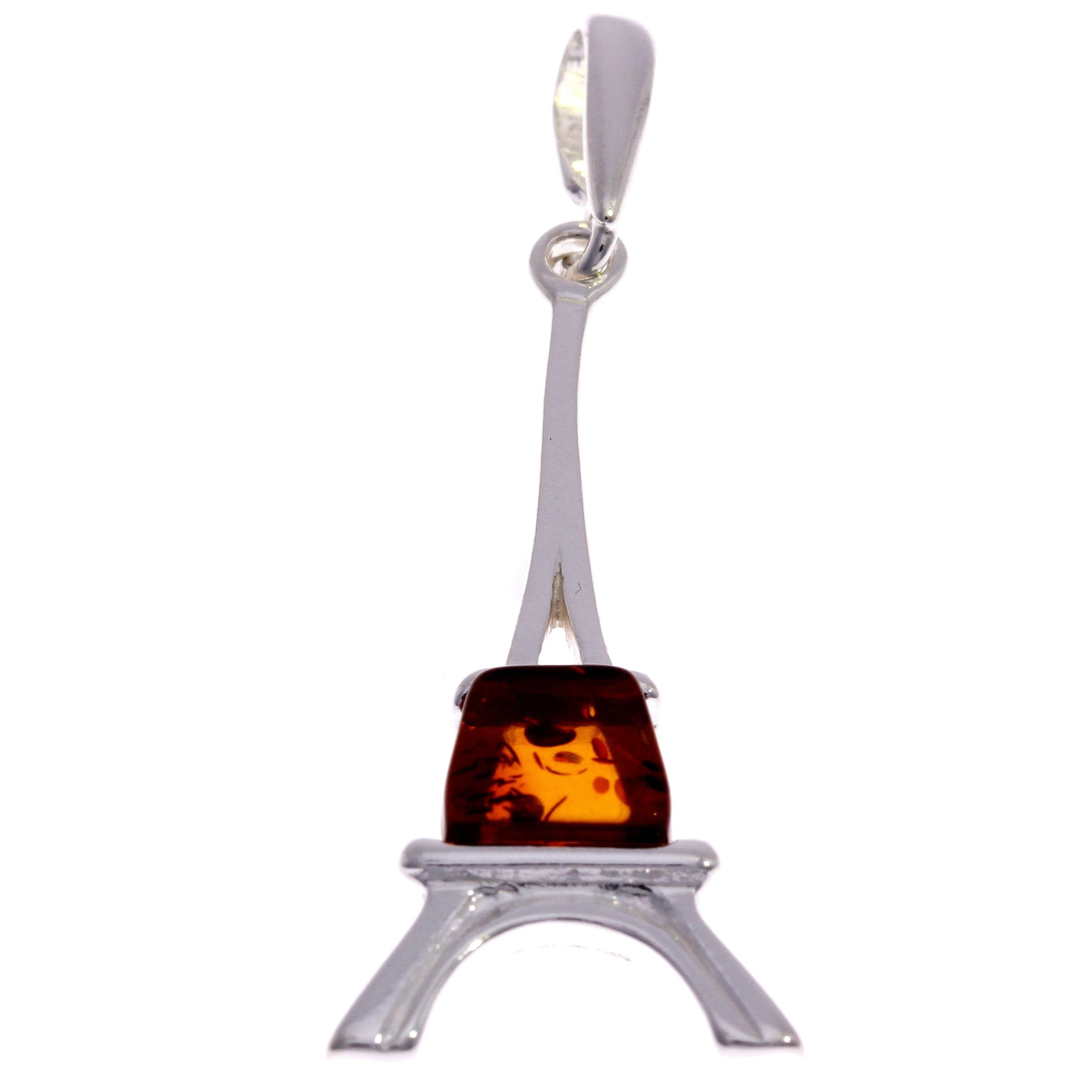 925 Sterling Silver & Genuine Baltic Amber Eiffel Tower Paris Pendant - GL317