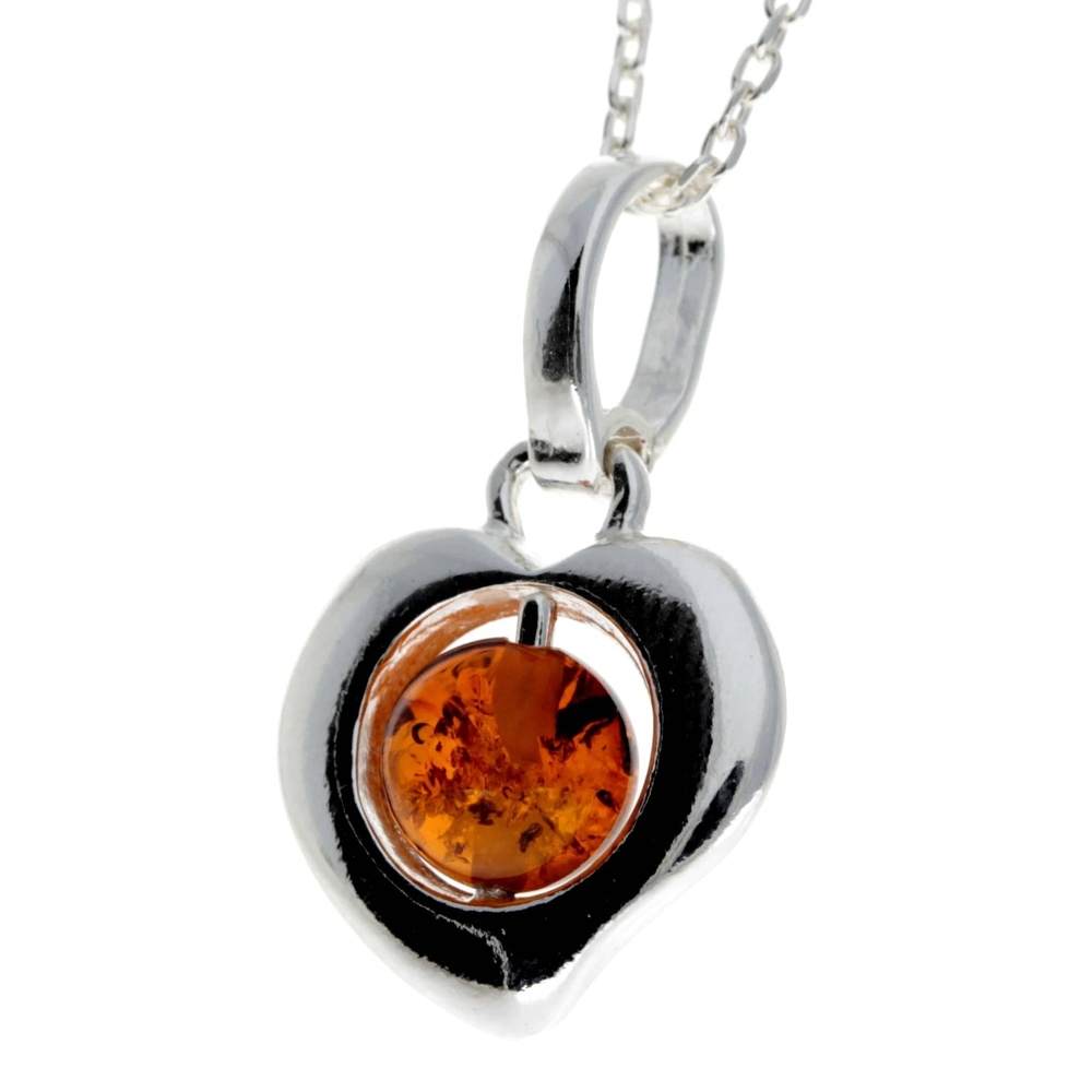 925 Sterling Silver & Genuine Baltic Amber Ball Heart Pendant - GL341