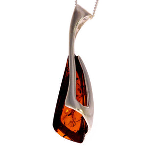 925 Sterling Silver & Genuine Baltic Amber Modern Pendant - GL344