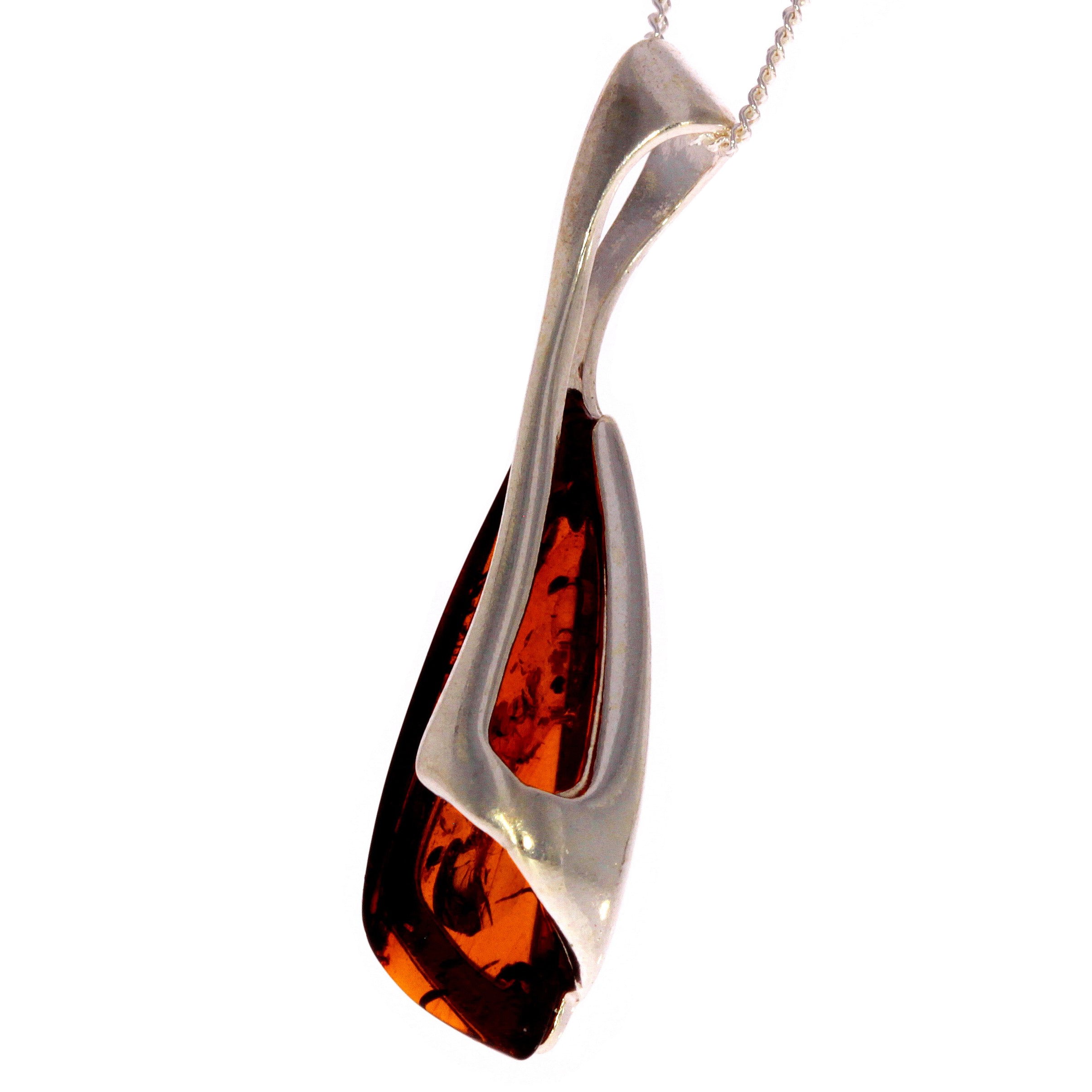 925 Sterling Silver & Genuine Baltic Amber Modern Pendant - GL344