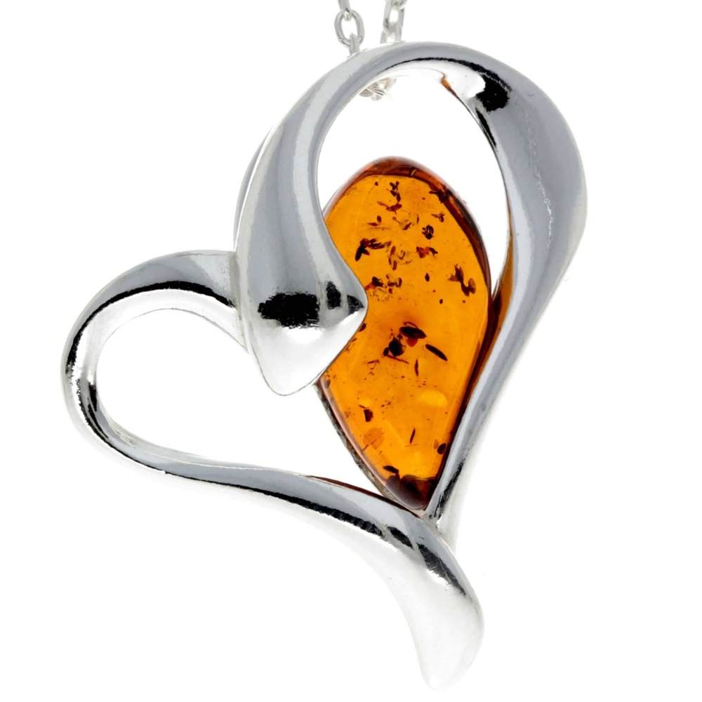 925 Sterling Silver & Genuine Baltic Amber Heart Pendant - GL346