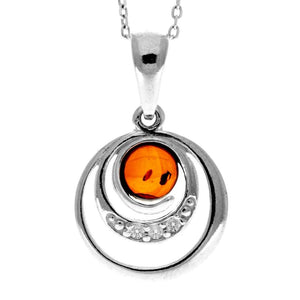 925 Sterling Silver & Baltic Amber Modern Pendant with Cubic Zirconia - GL348