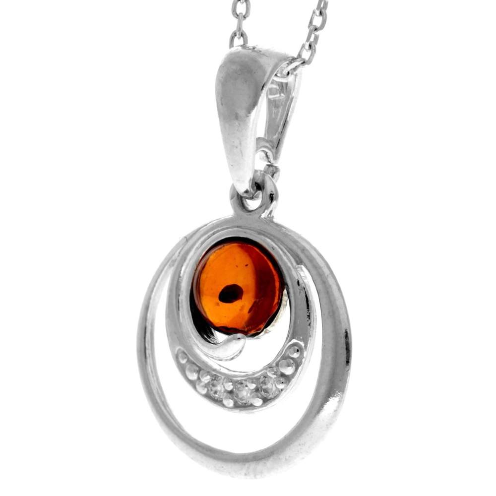 925 Sterling Silver & Baltic Amber Modern Pendant with Cubic Zirconia - GL348