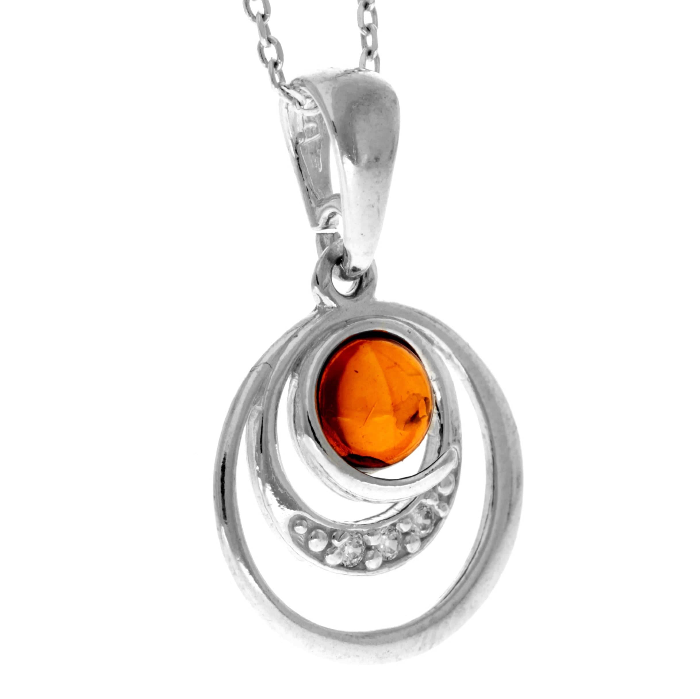 925 Sterling Silver & Baltic Amber Modern Pendant with Cubic Zirconia - GL348