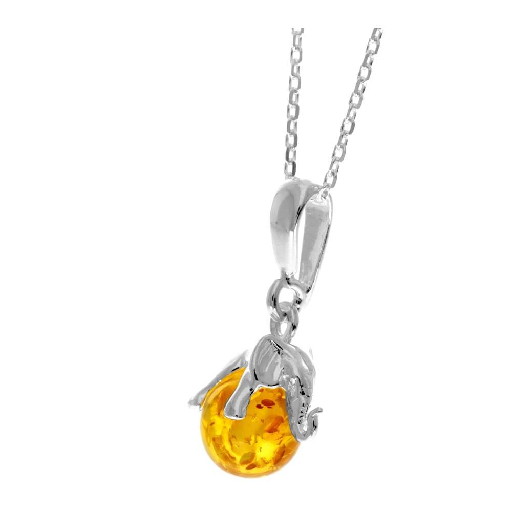 925 Sterling Silver Lucky Elephant sitting on Amber Ball - GL354