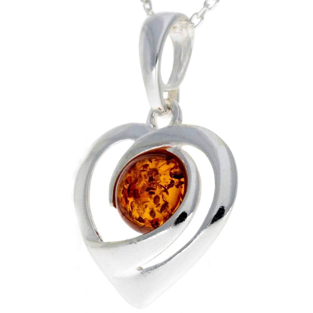 925 Sterling Silver & Genuine Baltic Amber Heart Pendant - GL357