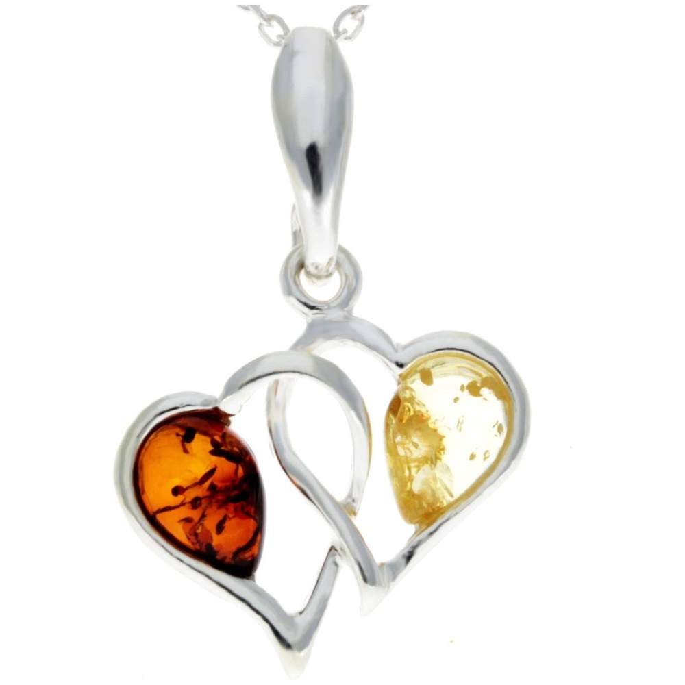 925 Sterling Silver & Baltic Amber Double Hearts Pendant - GL360