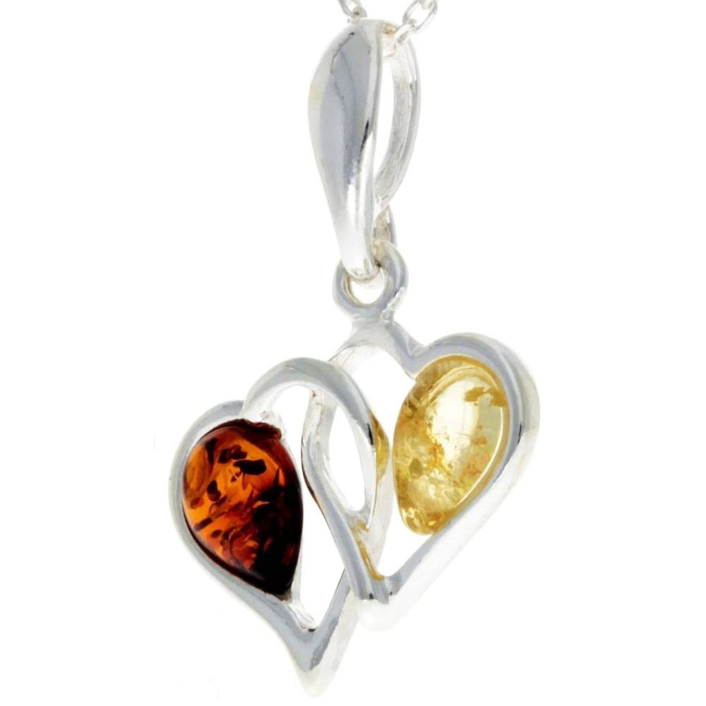 925 Sterling Silver & Baltic Amber Double Hearts Pendant - GL360