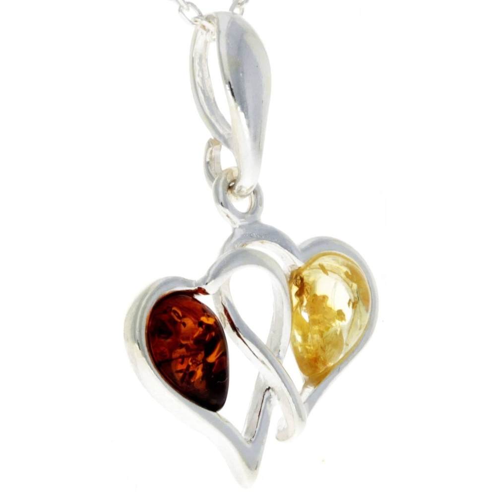 925 Sterling Silver & Baltic Amber Double Hearts Pendant - GL360