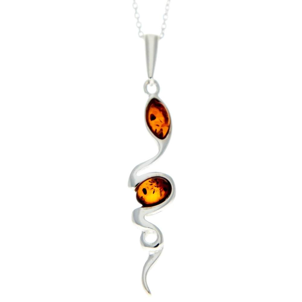 925 Sterling Silver & Genuine Baltic Amber Modern Snake Pendant - GL361
