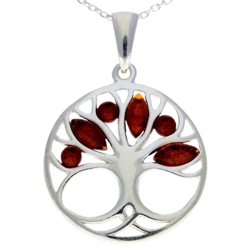 925 Sterling Silver Tree of Life with Genuine Baltic Amber Gemstones - GL363