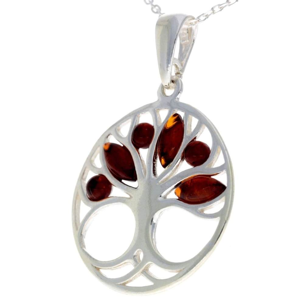 925 Sterling Silver Tree of Life with Genuine Baltic Amber Gemstones - GL363