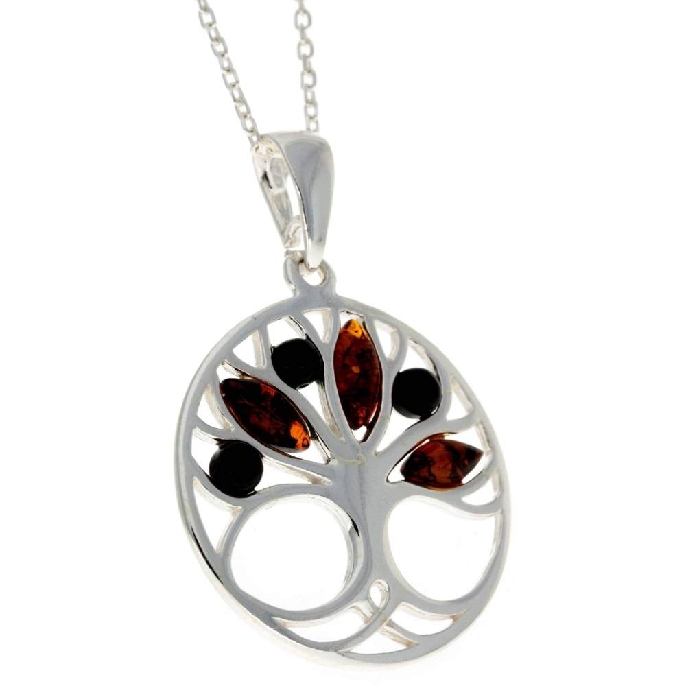 925 Sterling Silver Tree of Life with Genuine Baltic Amber Gemstones - GL363