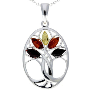 925 Sterling Silver & Baltic Amber Tree of Life Oval Pendant - GL364