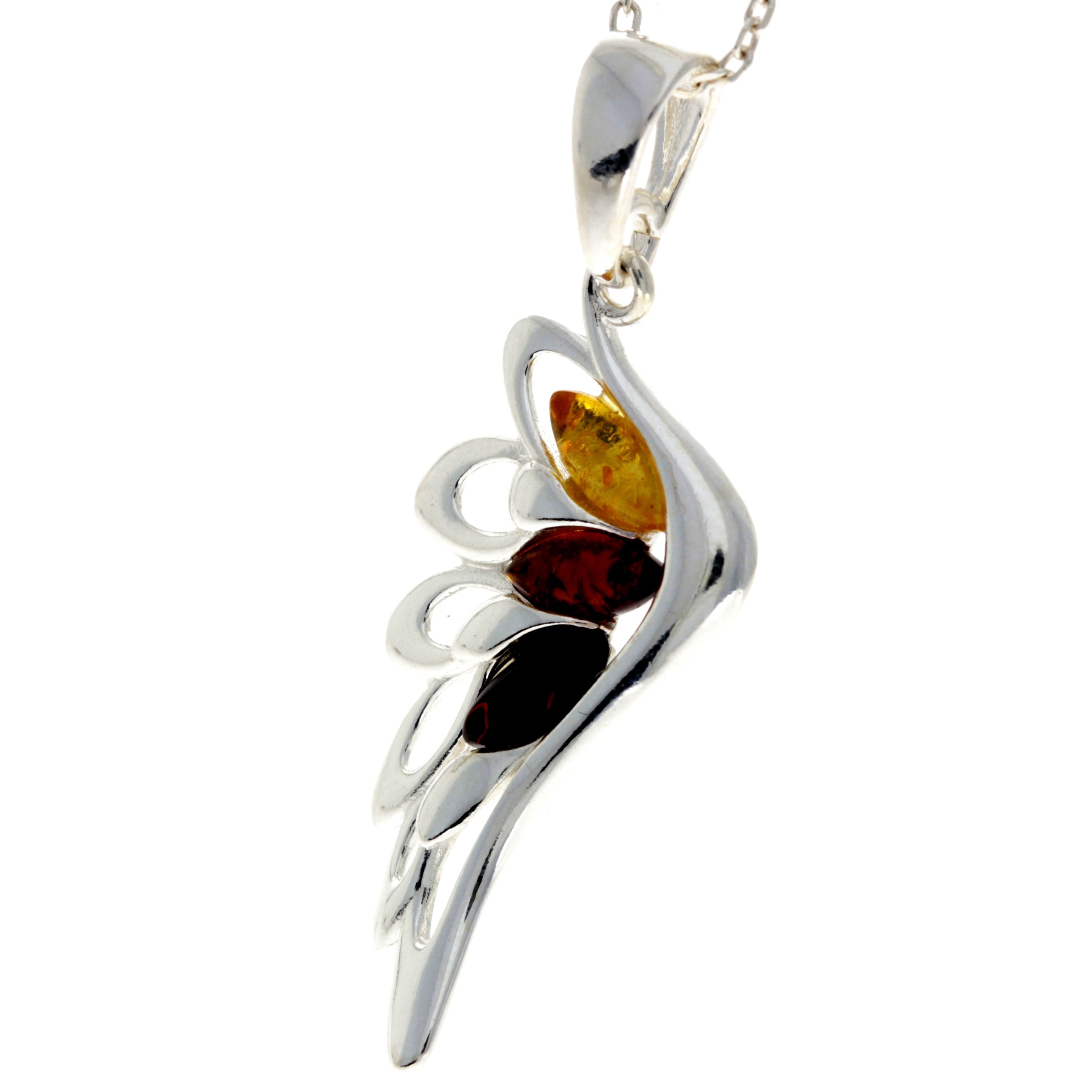 925 Sterling Silver & Genuine Baltic Amber Lucky Angel Wing Pendant - GL367S