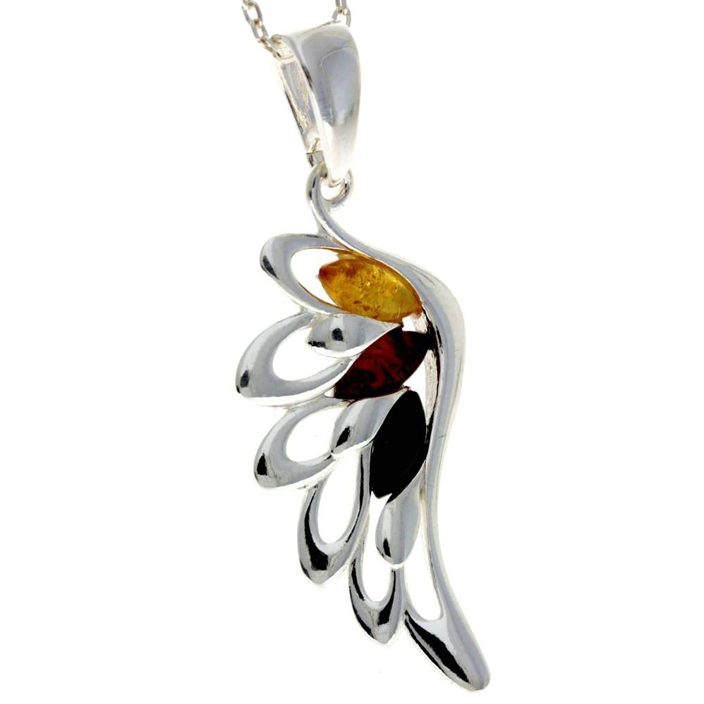 925 Sterling Silver & Genuine Baltic Amber Lucky Angel Wing Pendant - GL367S