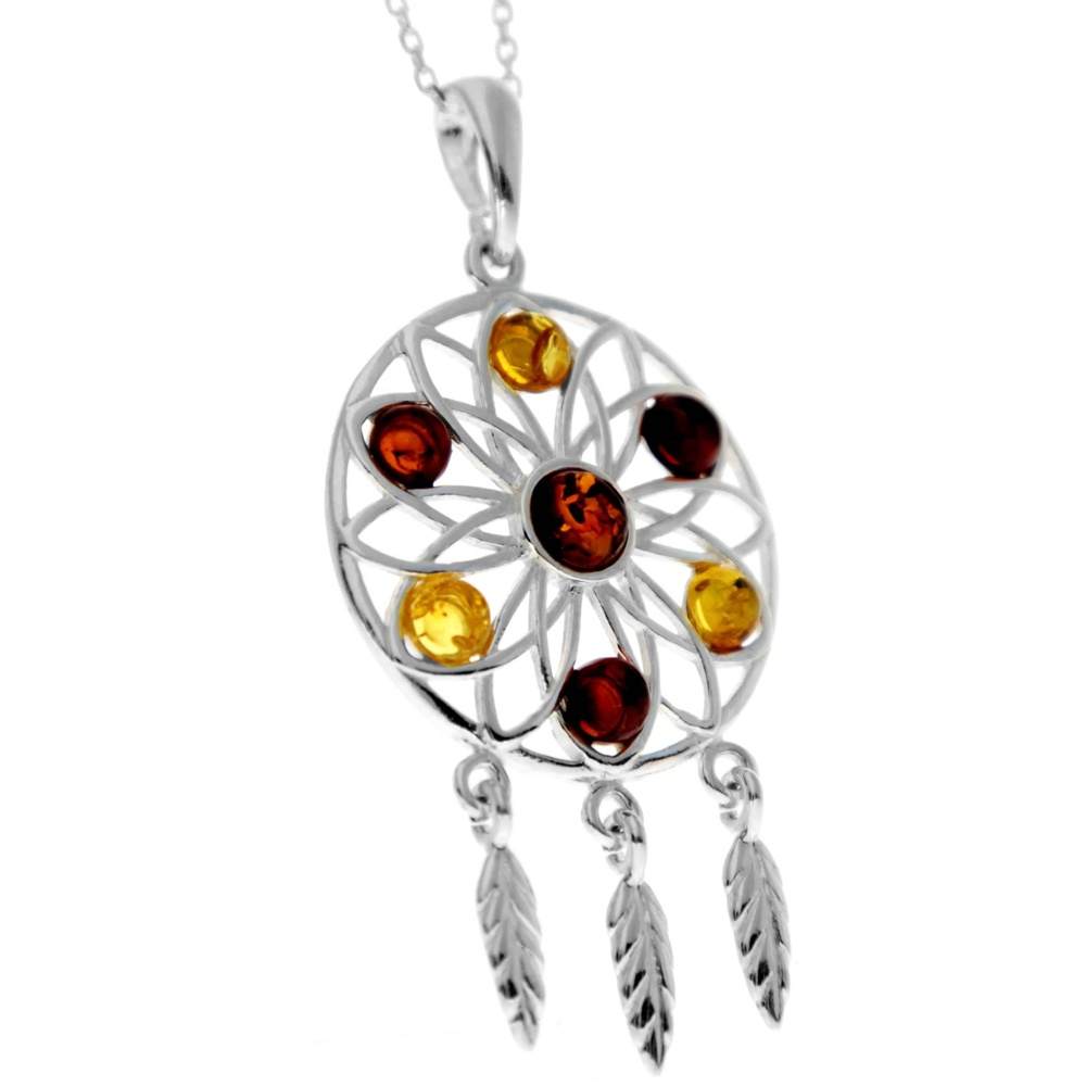 925 Steling Silver & Genuine Baltic Amber Large Dream Catcher Pendant - GL368