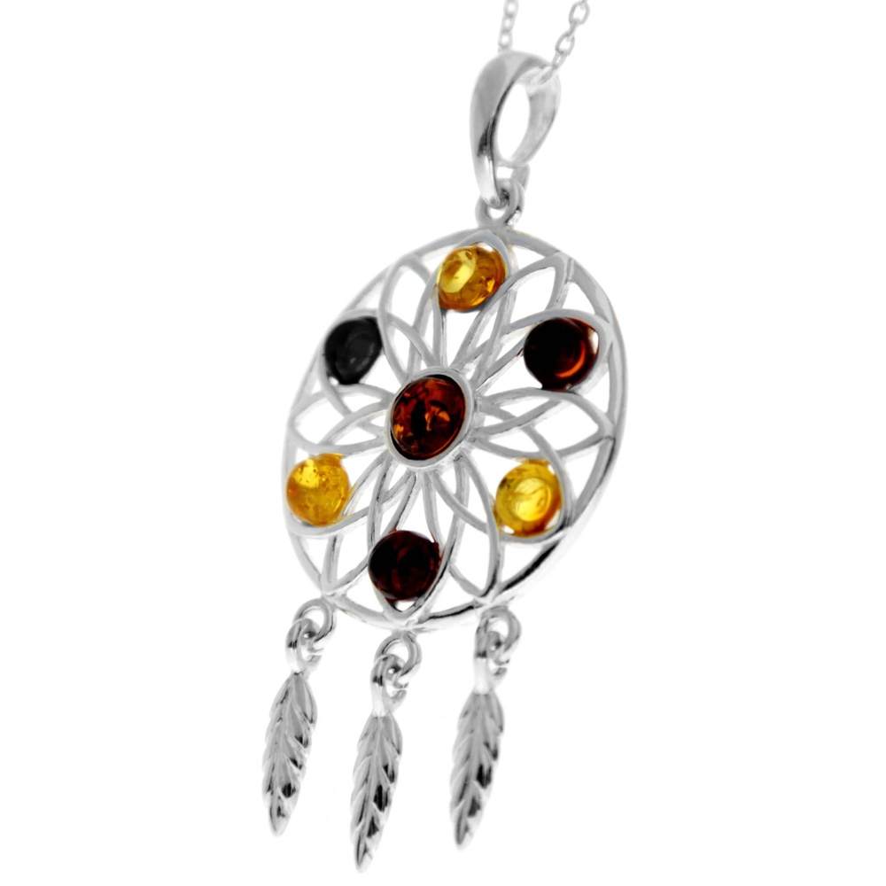 925 Steling Silver & Genuine Baltic Amber Large Dream Catcher Pendant - GL368