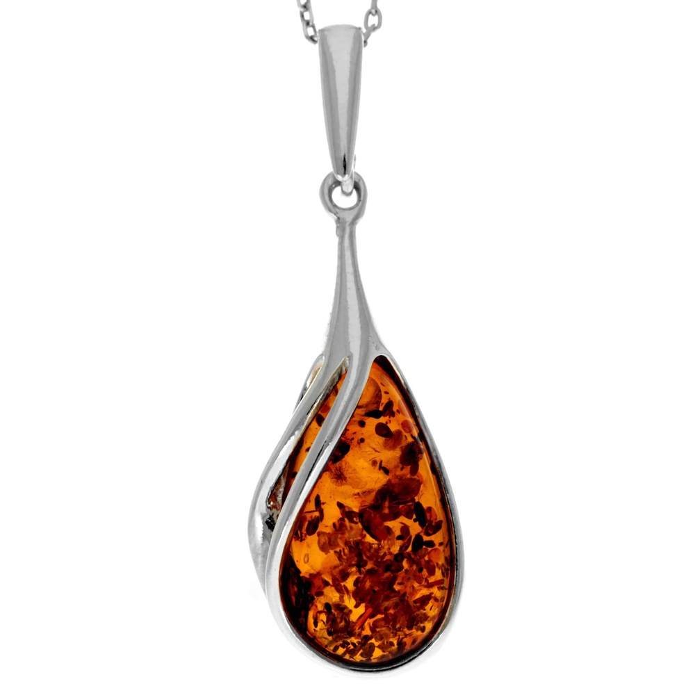 925 Sterling Silver & Genuine Baltic Amber Classic Teardrop Pendant - GL369