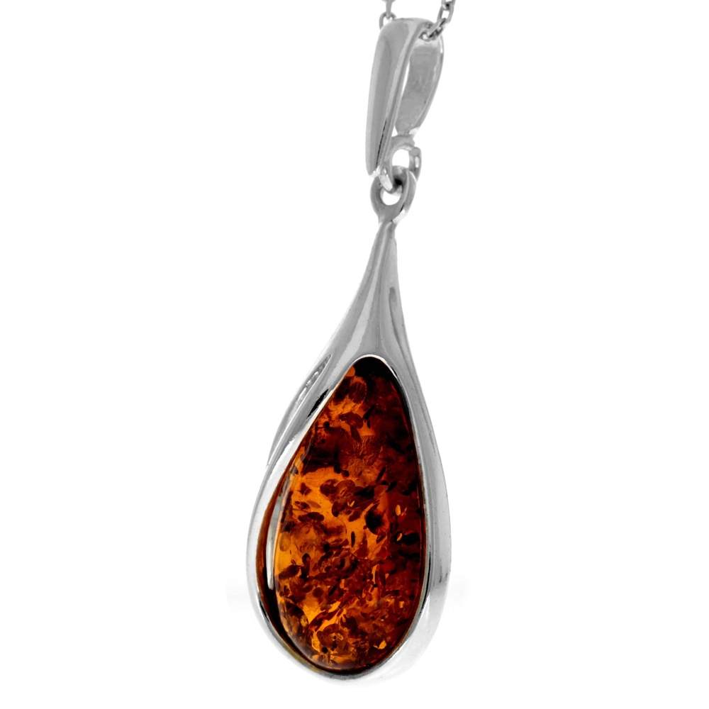 925 Sterling Silver & Genuine Baltic Amber Classic Teardrop Pendant - GL369