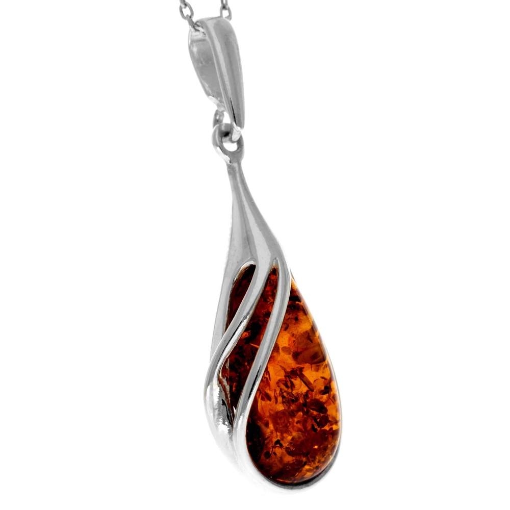 925 Sterling Silver & Genuine Baltic Amber Classic Teardrop Pendant - GL369