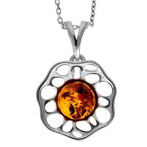 925 Sterling Silver & Genuine Baltic Amber Modern Flower Pendant GL371