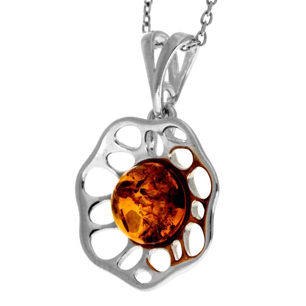 925 Sterling Silver & Genuine Baltic Amber Modern Flower Pendant GL371